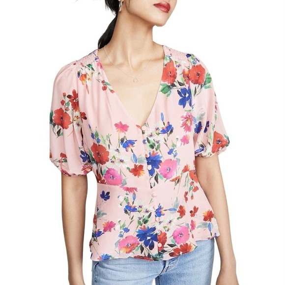 Yumi Kim Silk Floral Print Puff Sleeve V-Neck Button Front Blouse Top Pink - M - Picture 1 of 11